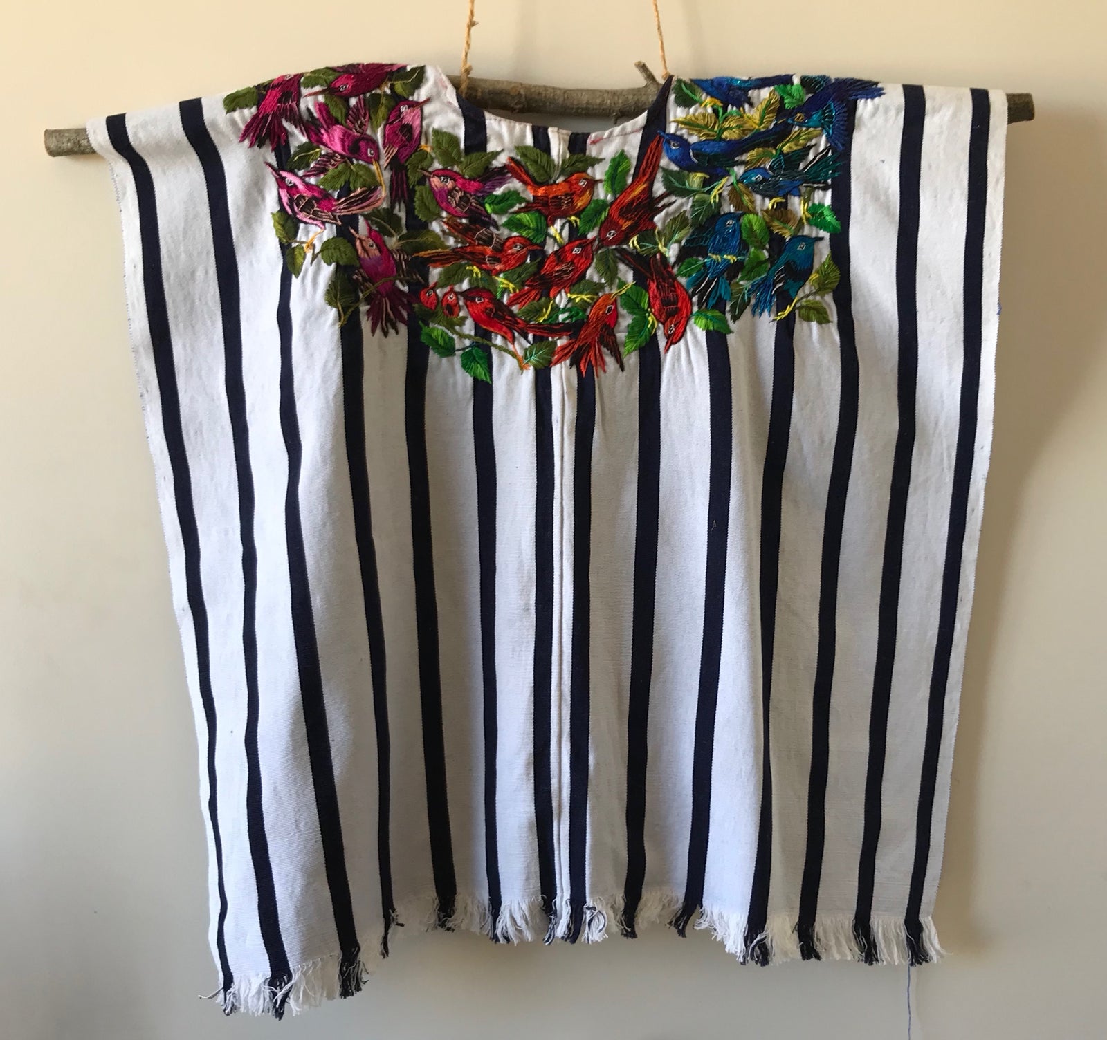 Rustic huipil with birds and stripes from Guatemala